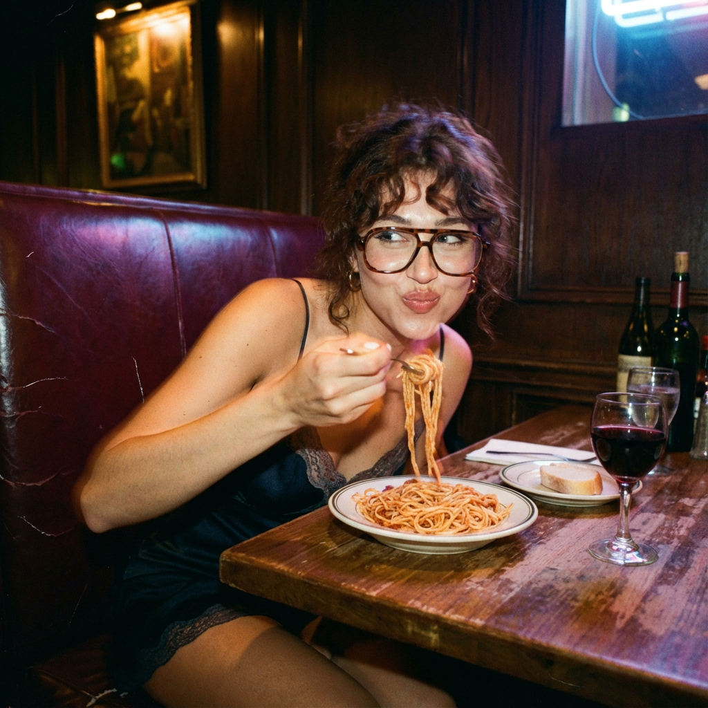 A woman eating spaghetti in a restaurant booth — the kind of meal JAB Stix is taken with