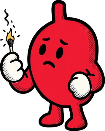 Cartoon stomach holding a lit match: low stomach acid