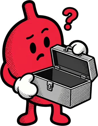 Cartoon stomach holding an empty toolbox: missing digestive enzymes