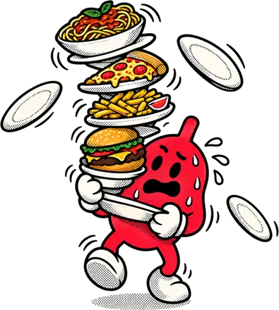 Cartoon stomach juggling a tower of pasta, pizza, fries and a burger