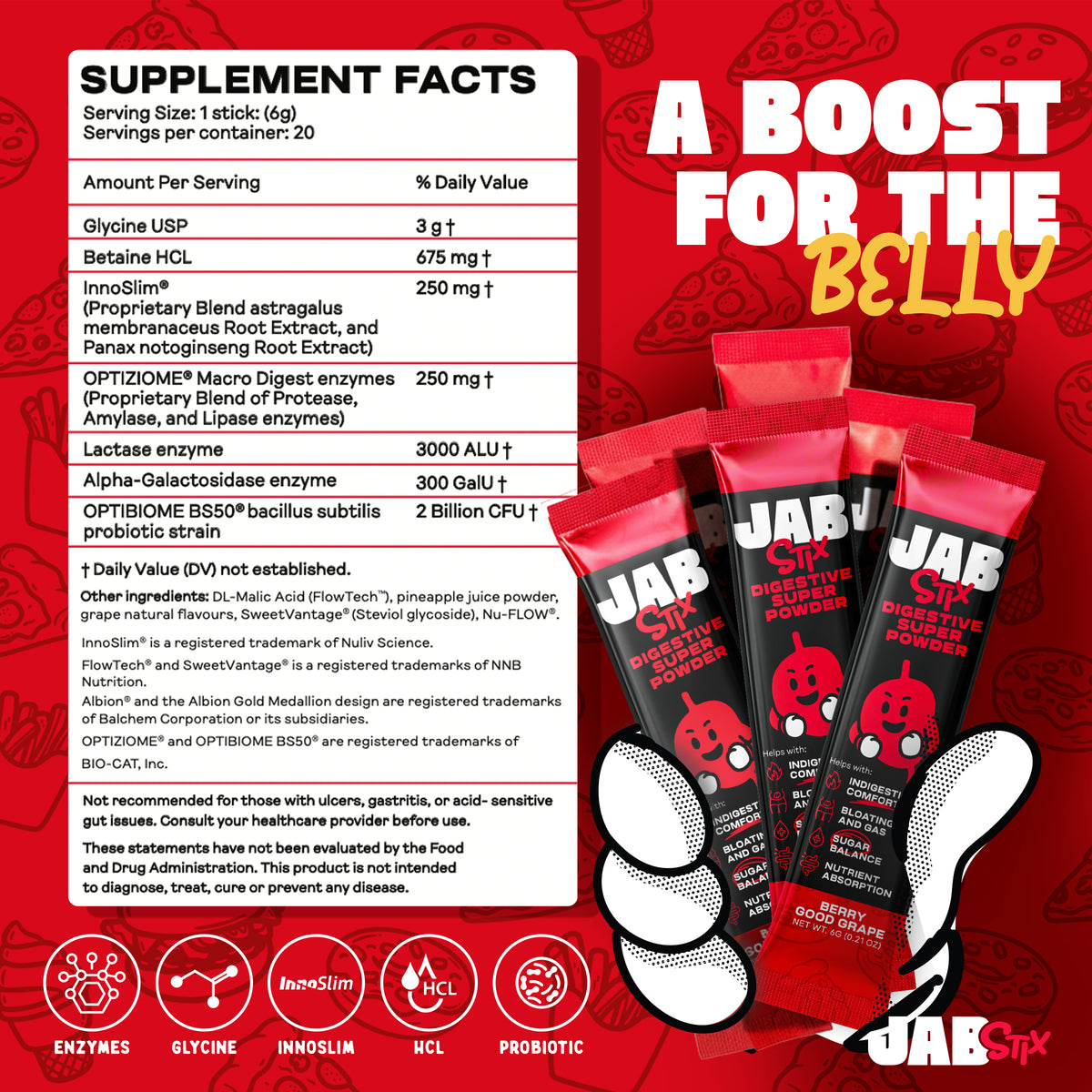 JAB Stix supplement facts: glycine 3g, betaine HCl 675mg, InnoSlim 250mg, digestive enzymes, lactase, alpha-gal enzyme, and probiotic