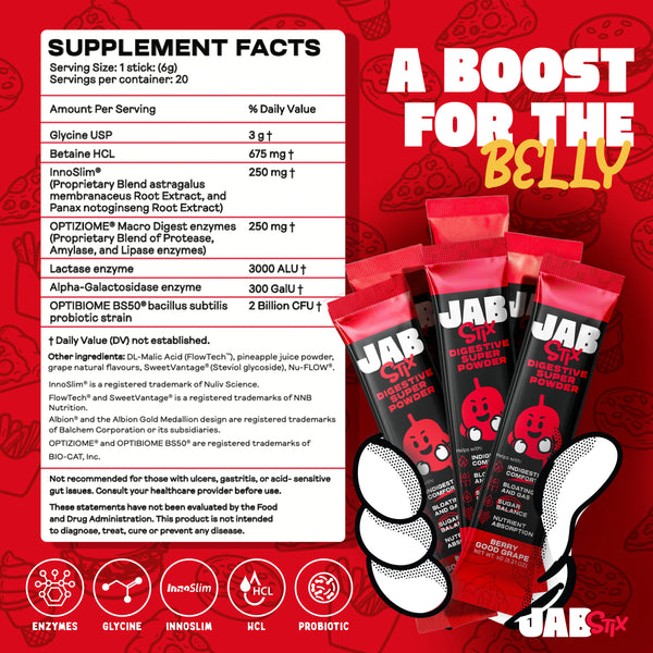 JAB Stix supplement facts: glycine 3g, betaine HCl 675mg, InnoSlim 250mg, digestive enzymes, lactase, alpha-gal enzyme, and probiotic