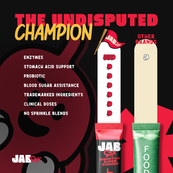 JAB Stix compared to other brands: enzymes, stomach acid support, probiotic, clinical doses, blood sugar support, taste, and travel size. 