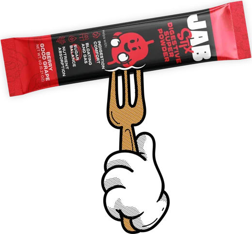 JAB Stix stick pack held over a fork: take it with your first bites