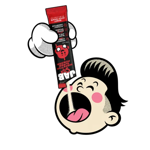Cartoon character pouring a JAB Stix stick straight into their mouth