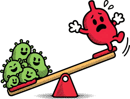 Cartoon stomach on a seesaw, outweighed by a pile of green gut bacteria