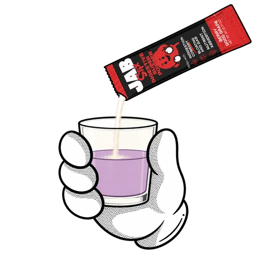 Hand holding a glass of water while a JAB Stix stick is poured in