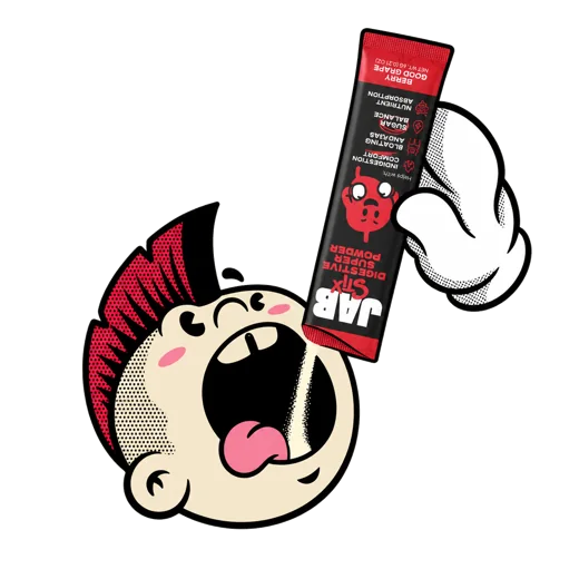Cartoon character pouring a JAB Stix stick into their mouth
