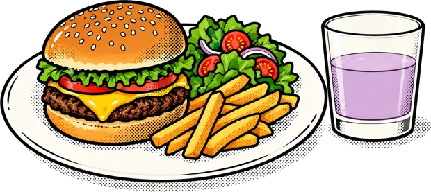 Burger, fries and salad on a plate next to a glass of purple JAB Stix drink