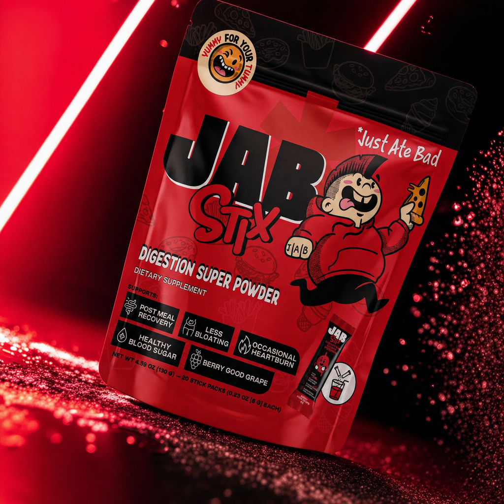 A JAB Stix pouch lit by red neon